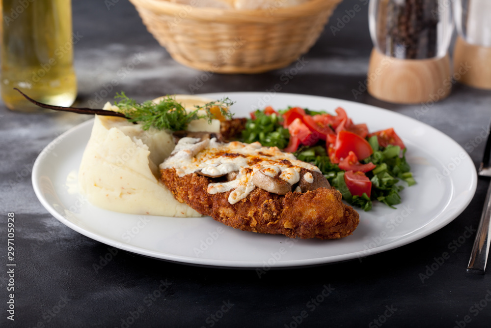fried chicken breast with mashed potato and salad fried chicken breast with mashed potato and salad