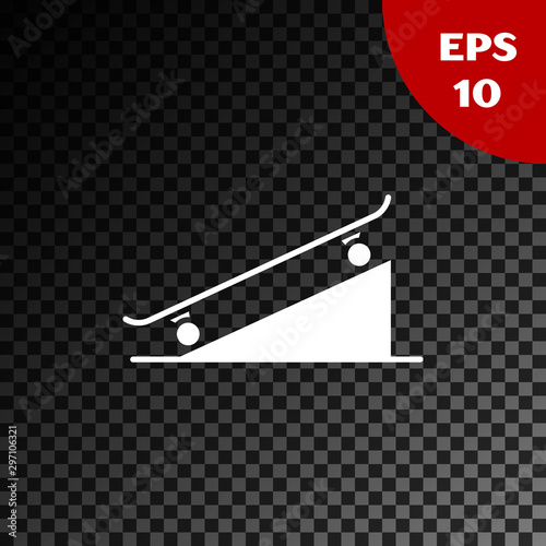 White Skateboard on street ramp icon isolated on transparent dark background. Extreme sport. Sport equipment. Vector Illustration