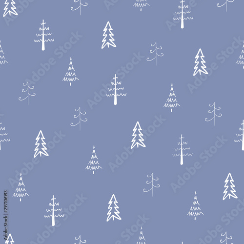 Christmas tree vector seamless, repeat pattern. White trees on blue background. Doodle trees, hand drawn illustration for background, print or textile design.