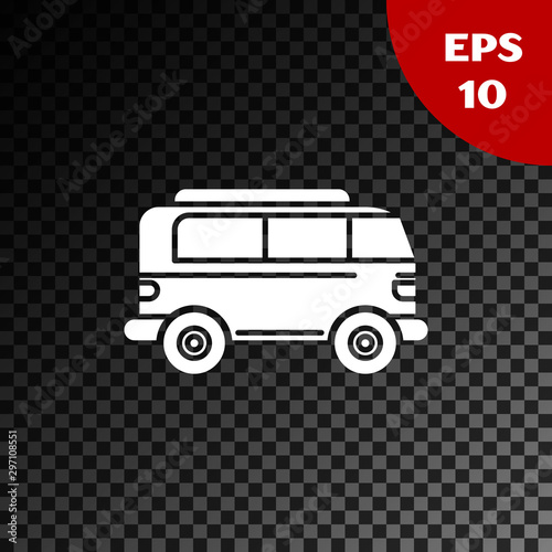 White Retro minivan icon isolated on transparent dark background. Old retro classic traveling van. Vector Illustration