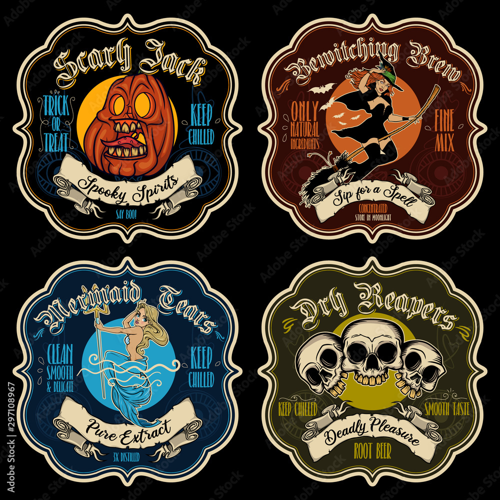 Halloween funny potion sticker-labels. Vector illustrated set of Halloween badges for beverages and cocktails. 