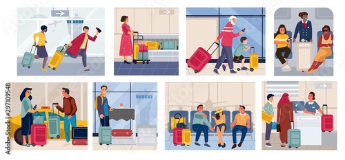 Tourists on vacation. Cartoon scenes with families and couples in different travel situations. Vector illustration characters going on journey running on airport terminal with baggage arriving by taxi