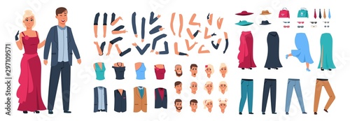 Character constructor. Happy man and woman animation kit with casual clothes with different body parts and poses. Vector illustration style guy and girl with sad emotions face set on white background
