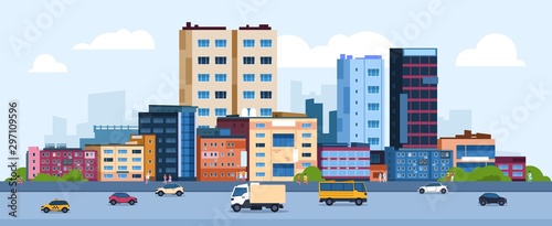 Urban landscape. Modern cartoon cityscape with buildings cars and street, flat urban downtown background. Vector illustration city scene with color residential panoramic view on downtown