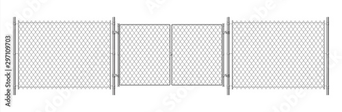 Metal wire fence. Realistic steel chain fence and detailing mesh gate. Vector illustration wire security prison fence with gated doors isolated on white background