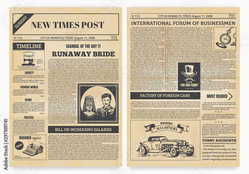 Vintage newspaper. Retro articles and old pictures with retro illustrations, realistic magazine pages template. Vector isolated modern design layout yellow page