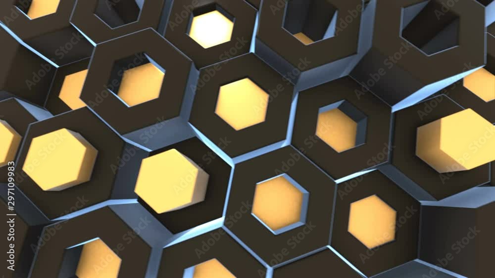 Animated 3D background with lighting and shadows with retractable hexagonal rods from the panel with holes