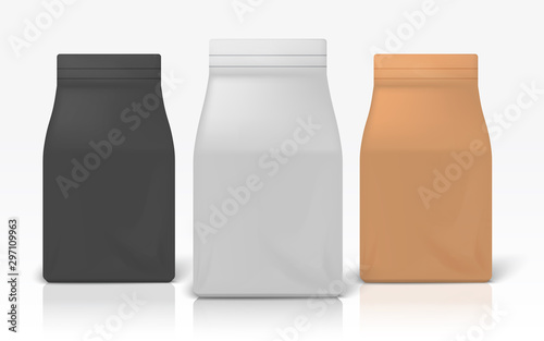 Coffee package. Realistic white black and brown zip package for flour pasta or sugar. Vector illustration blank food pack mockups for brand design made of paper or plastic