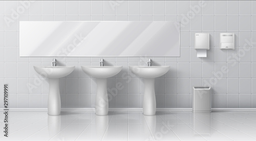 Realistic public toilet. Modern 3D interior mockup with white ceramic multiple sinks with washbasin, big glass mirror on wall and hand dryer. Vector tiling toilet image photo