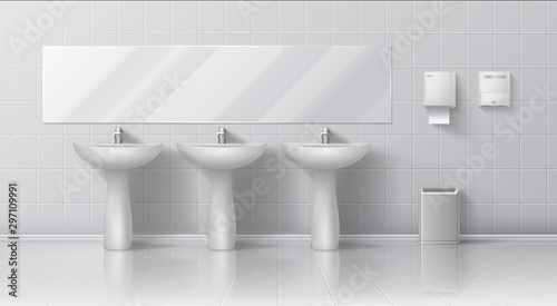 Realistic public toilet. Modern 3D interior mockup with white ceramic multiple sinks with washbasin, big glass mirror on wall and hand dryer. Vector tiling toilet image