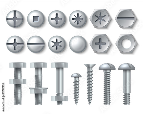 Metal bolt and screw. Realistic steel nails, rivets and stainless self-tapping screw heads with nuts and washers. Vector illustration repair set isolate fasteners for equipment tool and furniture