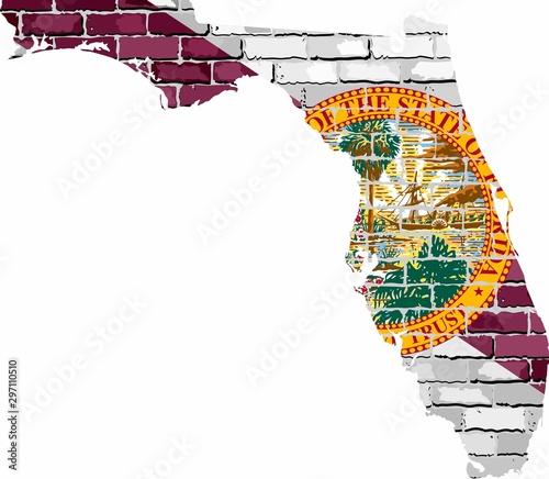 Florida map on a brick wall - Illustration,   The state of Florida map with flag inside