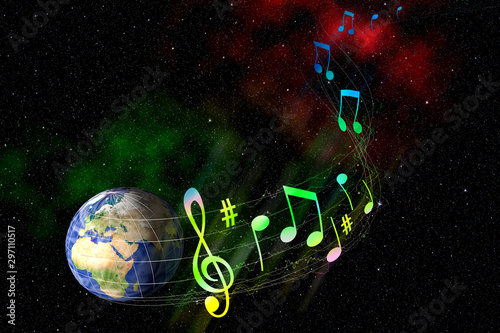 Space music background. Planet Earth in space. The globe flying in outer space, carried away by a musical stave.