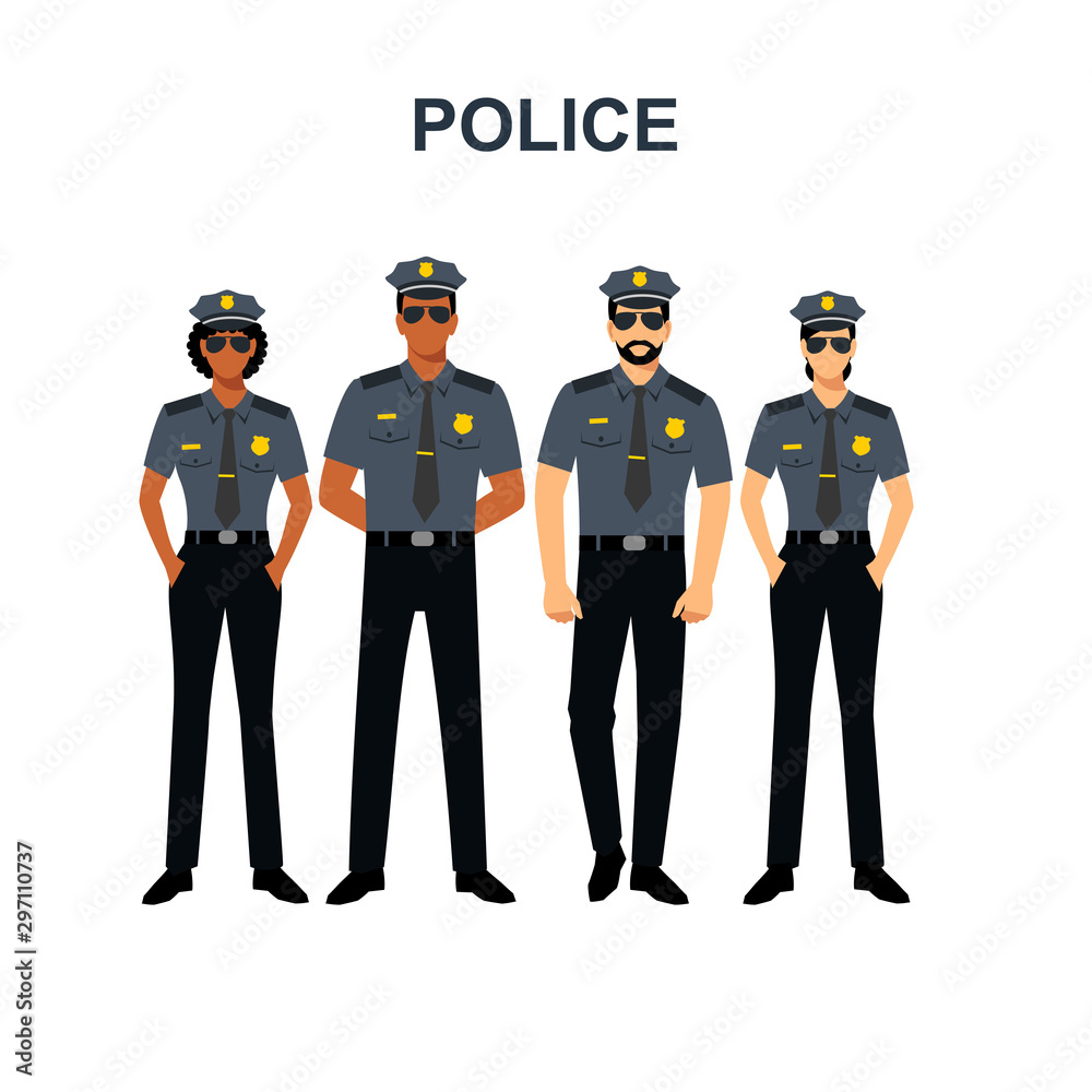 Policeman with different skin colors of men and women. Cops African Americans and Europeans isolated on the white background.