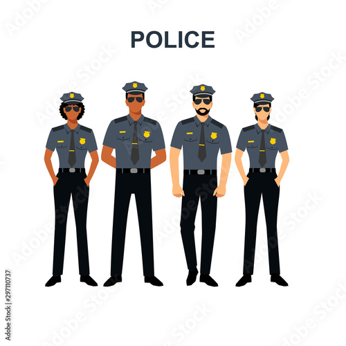 Policeman with different skin colors of men and women. Cops African Americans and Europeans isolated on the white background.