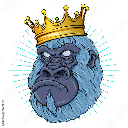 Monkey face poster. Gorilla head with crown on white background with star rays.