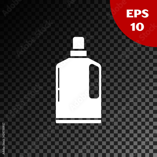 White Plastic bottle for liquid laundry detergent, bleach, dishwashing liquid or another cleaning agent icon isolated on transparent dark background. Vector Illustration