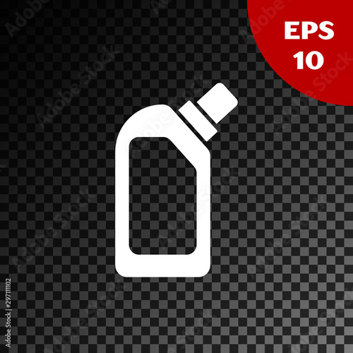 White Plastic bottle for liquid laundry detergent, bleach, dishwashing liquid or another cleaning agent icon isolated on transparent dark background. Vector Illustration