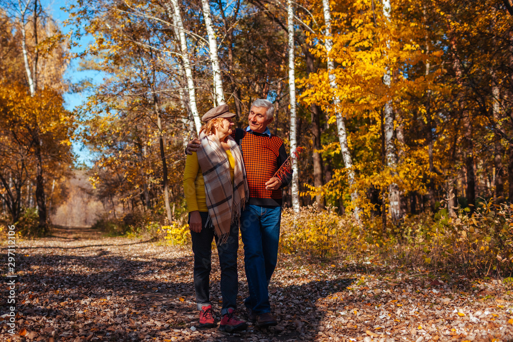 Autumn walk. Senior couple walking in fall park. Happy man and woman talking and relaxing outdoors Autumn walk. Senior couple walking in fall park. Happy man and woman talking and relaxing outdoors