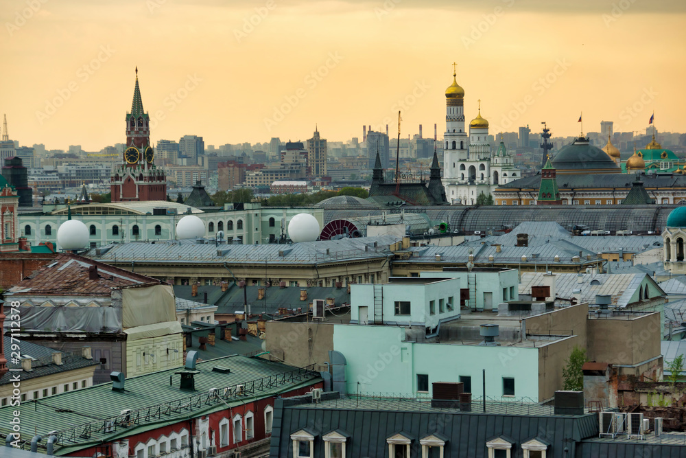 Moscow, Russia - May 4, 2018: Evening Moscow, aerial view of the city, domes of Kremlin towers, churches, historical center