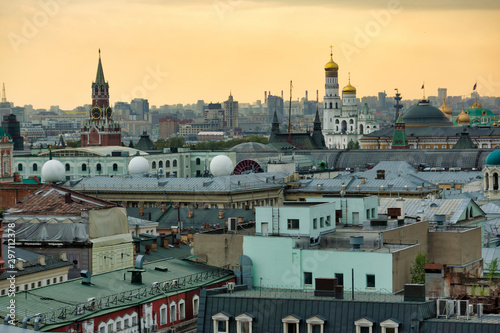 Moscow, Russia - May 4, 2018: Evening Moscow, aerial view of the city, domes of Kremlin towers, churches, historical center