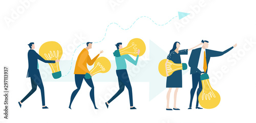 Business people holding light bulbs as symbol of bringing the bride idea and build business together. Collection of business people in action.