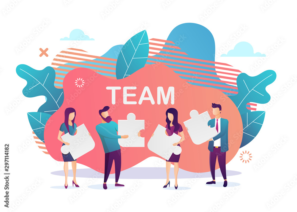 Business concept. Team metaphor. people connecting puzzle elements. Flat design style. Symbol of teamwork, cooperation, partnership. Vector illustration