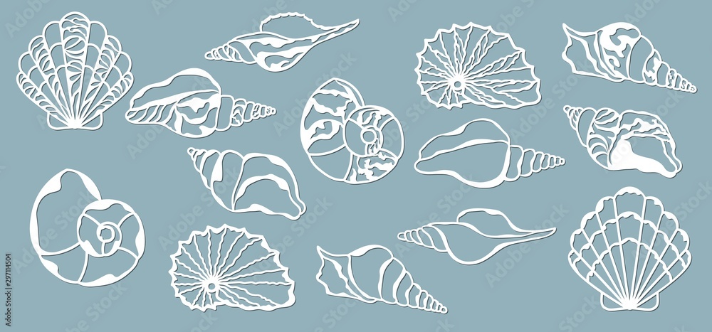 Shells of the sea. Laser cutting. Craft paper for decoration. Plotter,  screen printing. Stock Vector | Adobe Stock
