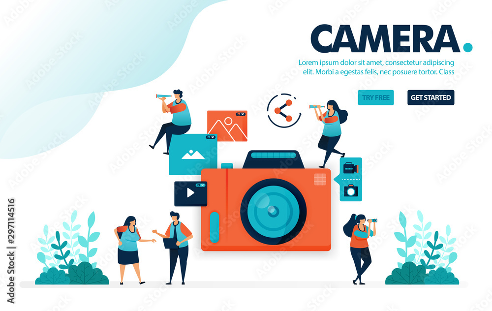 Vector illustration camera. People take picture with camera. Video and photo sharing on social media. Photography for posting. Designed for landing page, web, banner, mobile, template, flyer, poster Vector illustration camera. People take picture with camera. Video and photo sharing on social media. Photography for posting. Designed for landing page, web, banner, mobile, template, flyer, poster