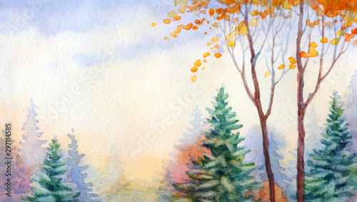Watercolor landscape. Winter in the forest © Marina