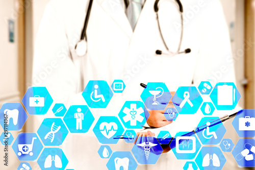 Medical network connection on the virtual touch screen and Doctor with stethoscope in hospital background.Technology and medicine concept.