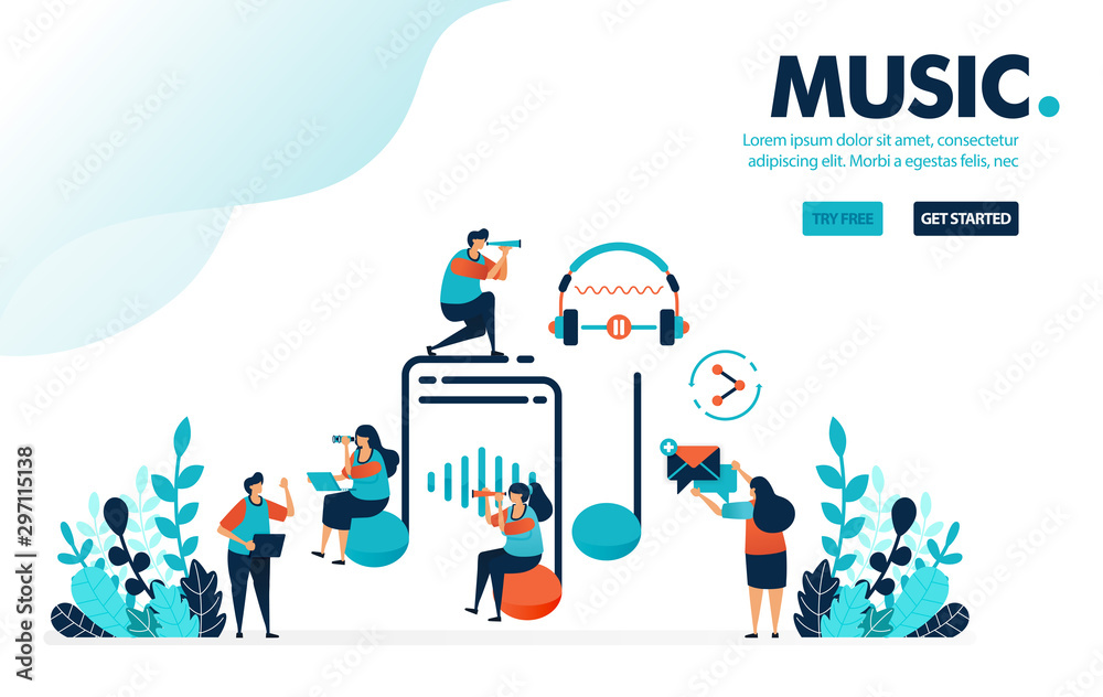 Vector illustration music & entertainment. People around on music sign and earphone. Listen, create and share music with social media. Designed for landing page, web, banner, template, flyer, poster