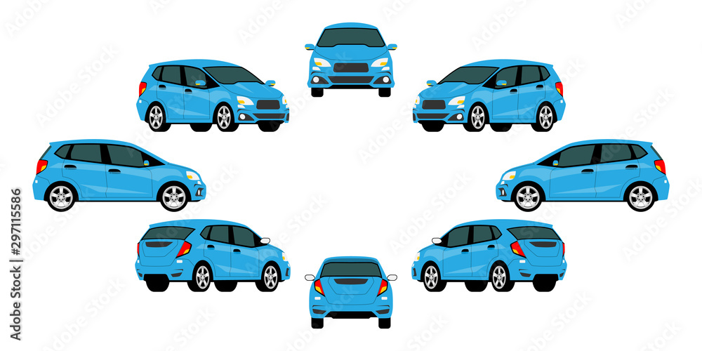 Blue modern eco car vector mock-up template for car branding on white background. Elements of corporate identity. View from side, front, back dimention and easy to use on advertising and graphic.