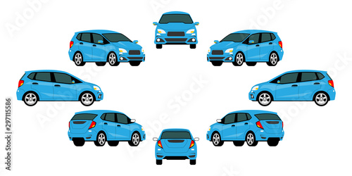 Blue modern eco car vector mock-up template for car branding on white background. Elements of corporate identity. View from side, front, back dimention and easy to use on advertising and graphic.