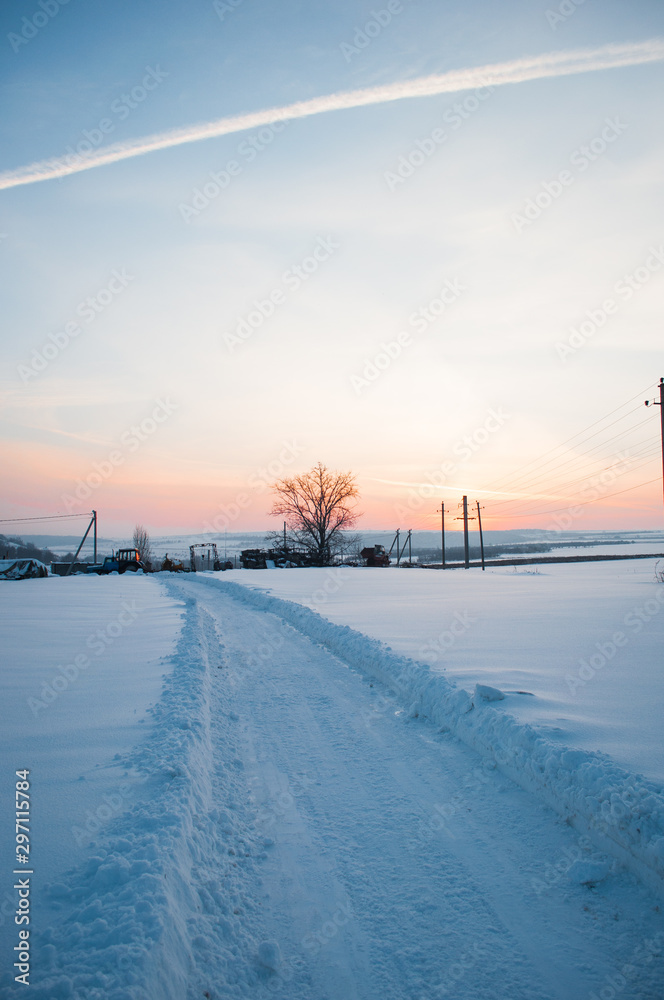 winter sunset over the farm, Moldova