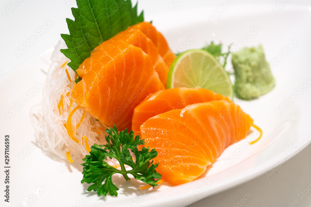 premium salmon sashimi slice on a White Plate,japanese food premium salmon sashimi slice on a White Plate,japanese food