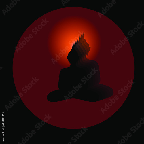 Vector of Lord Buddha silhouette with orange geometric, black background