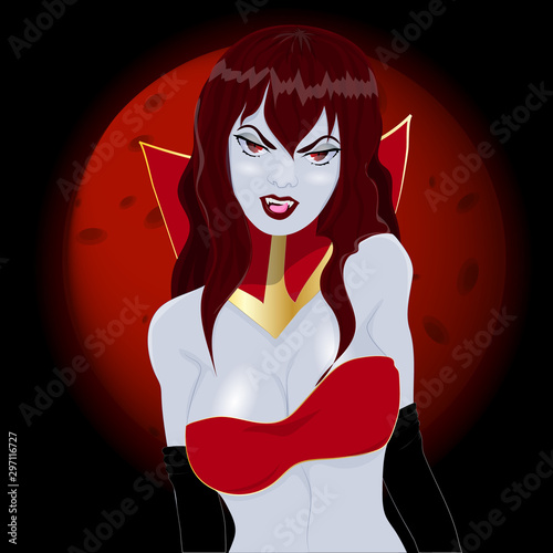 Vampire girl. bloody moon. Vector art