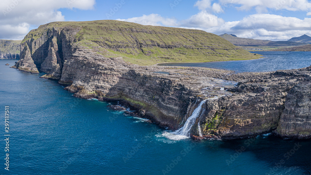 Sorvagsvatn lake and Bosdalafossur waterfall on Vagar island aerial view, Faroe Islands