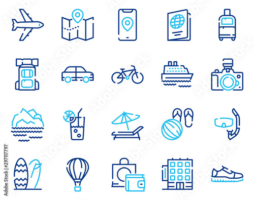 Travel linear vector icons set