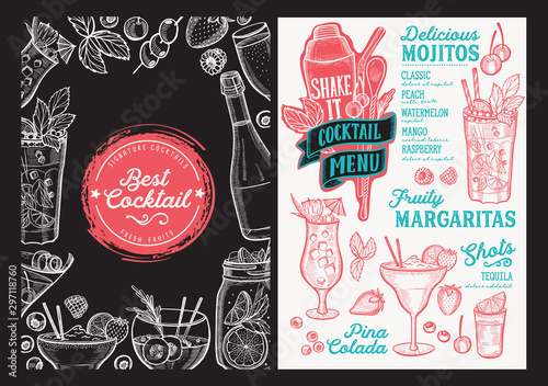 Cocktail drink menu template for restaurant with doodle hand-drawn graphic.