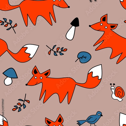 Cute children seamless pattern with wood animals. Fox, bird, snail, leaves