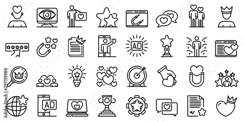 Engaging content icons set. Outline set of engaging content vector icons for web design isolated on white background