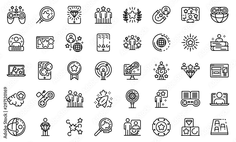 Gamification icons set. Outline set of gamification vector icons for web design isolated on white background - obrazy, fototapety, plakaty 