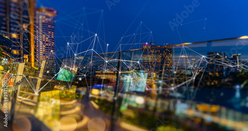 Wireless network and Connection technology concept with Abstract Bangkok city background