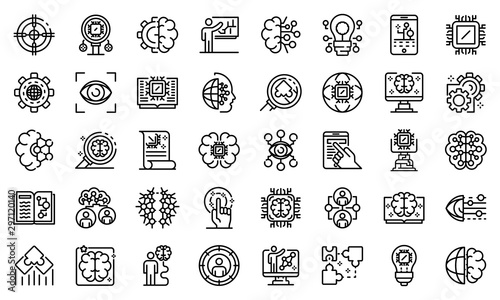 Machine learning icons set. Outline set of machine learning vector icons for web design isolated on white background