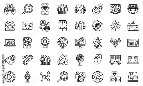 Gamification icons set. Outline set of gamification vector icons for web design isolated on white background