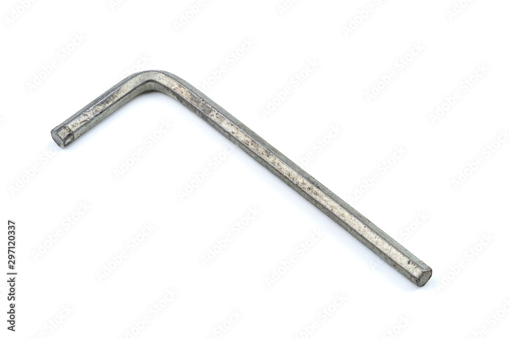 Macro shot of Gray Used hexagon or allen wrench isolated on white background. (Image Stacking Technique)