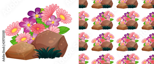 Seamless background design with pink gerbera flowers on rock