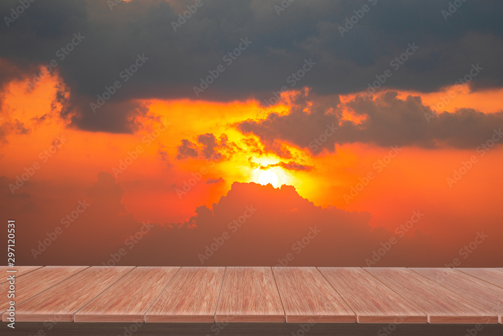 wooden table with view Sunset sky  backdrop.you can used for display products. or add your own text on space.